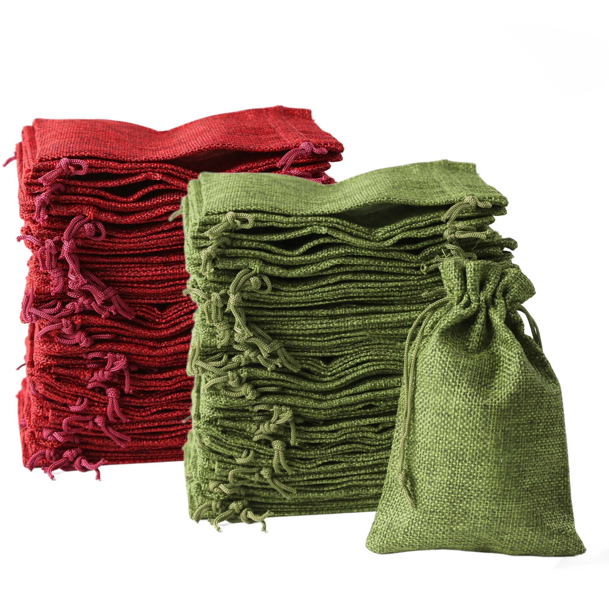 50PCS Christmas Red Green Drawstring Burlap Jute Gift Bags DIY Wedding Favor Gift For Packaging Candy Chocolate Jewery