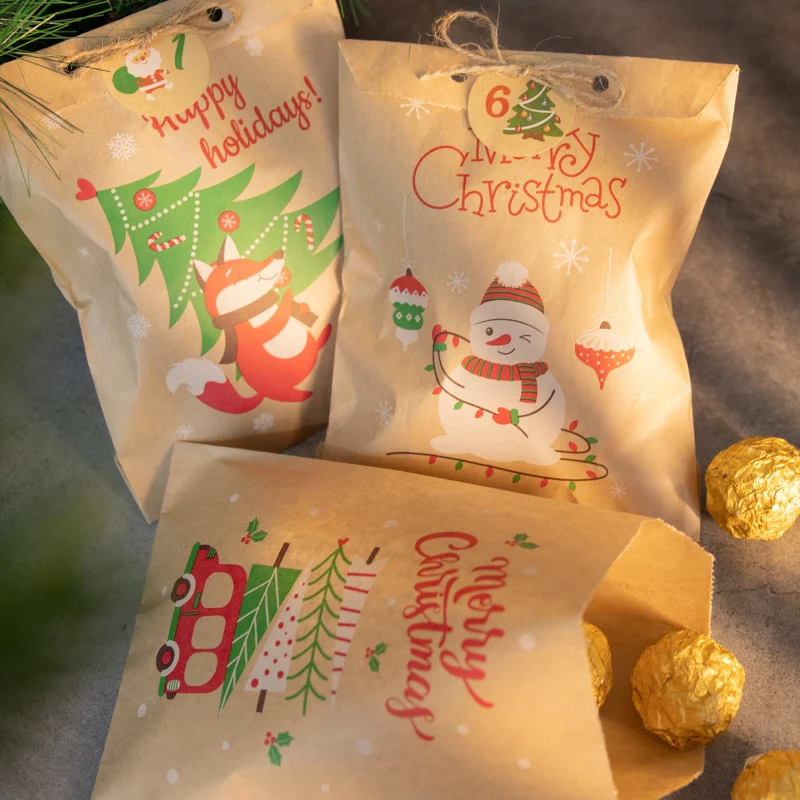 24Sets Merry Christmas Gift Bags Retro Santa Claus Fox Kraft Paper Bags with Stickers Xmas Party Favor Bags DIY Advent Calendar