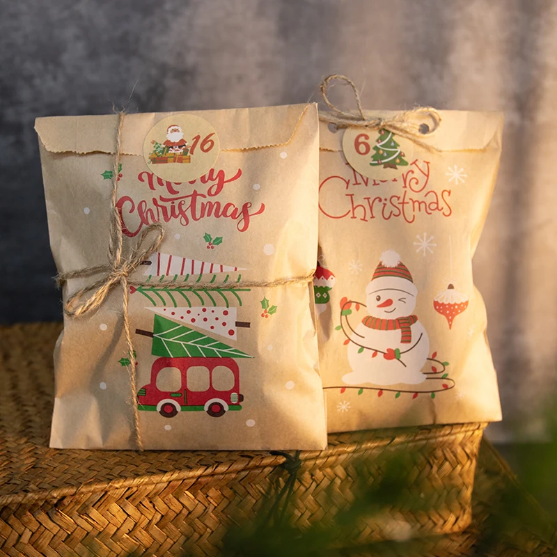 24Sets Merry Christmas Gift Bags Retro Santa Claus Fox Kraft Paper Bags with Stickers Xmas Party Favor Bags DIY Advent Calendar