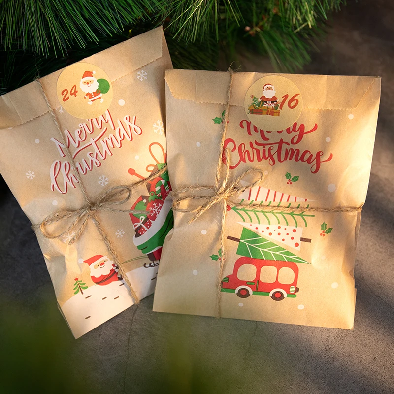 24Sets Merry Christmas Gift Bags Retro Santa Claus Fox Kraft Paper Bags with Stickers Xmas Party Favor Bags DIY Advent Calendar