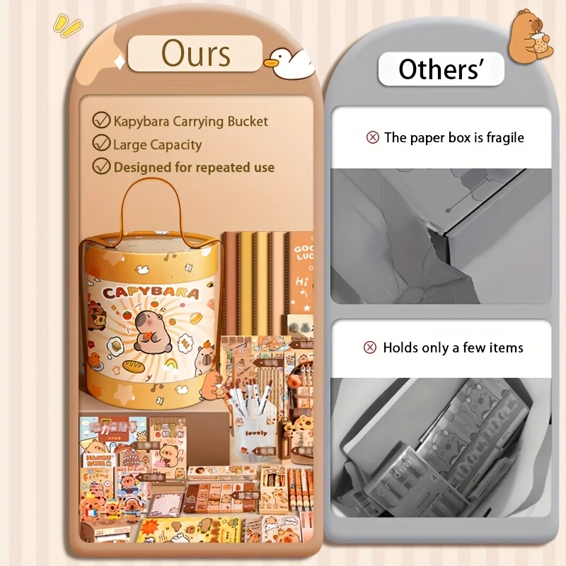 Capybara Stationery Set Cute Cuddle Bucket Portable for School Student Kids Gift Birthday Christmas Creative Art Desk Tool