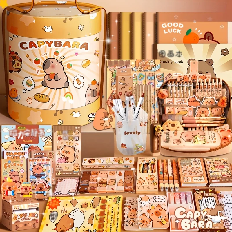Capybara Stationery Set Cute Cuddle Bucket Portable for School Student Kids Gift Birthday Christmas Creative Art Desk Tool
