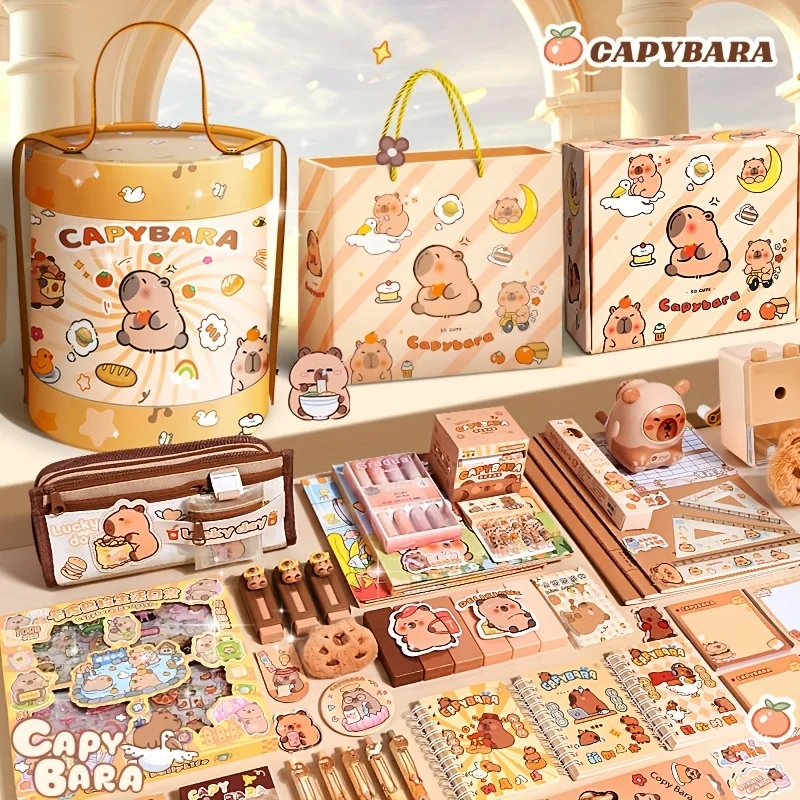 Capybara Stationery Set Cute Cuddle Bucket Portable for School Student Kids Gift Birthday Christmas Creative Art Desk Tool