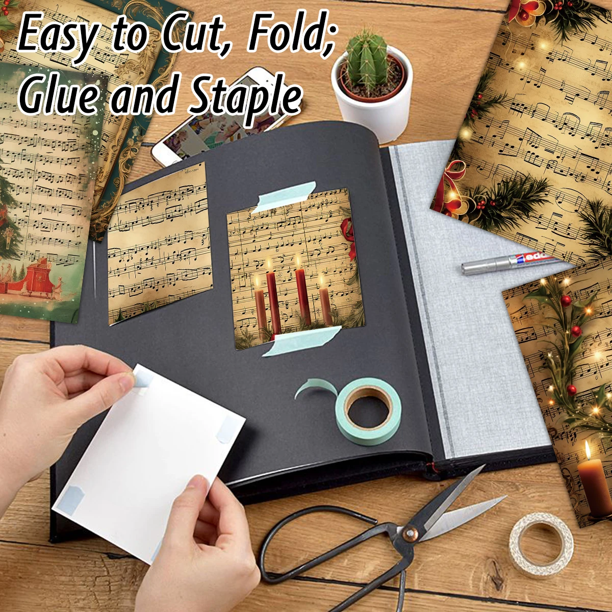 Vintage Christmas Sheet Music Scrapbook Paper Set,12sheets Xmas Decorative Decoupage Paper for DIY Crafts,Gift Wrap,Scrapbooking