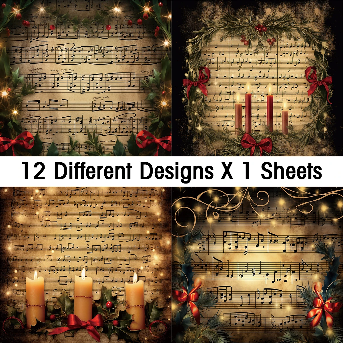 Vintage Christmas Sheet Music Scrapbook Paper Set,12sheets Xmas Decorative Decoupage Paper for DIY Crafts,Gift Wrap,Scrapbooking