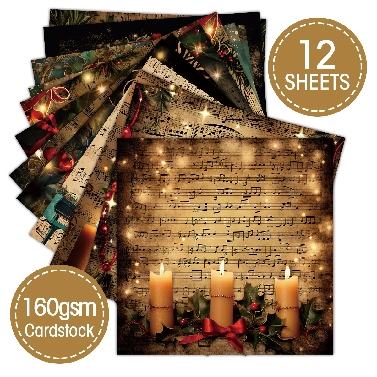 Vintage Christmas Sheet Music Scrapbook Paper Set,12sheets Xmas Decorative Decoupage Paper for DIY Crafts,Gift Wrap,Scrapbooking