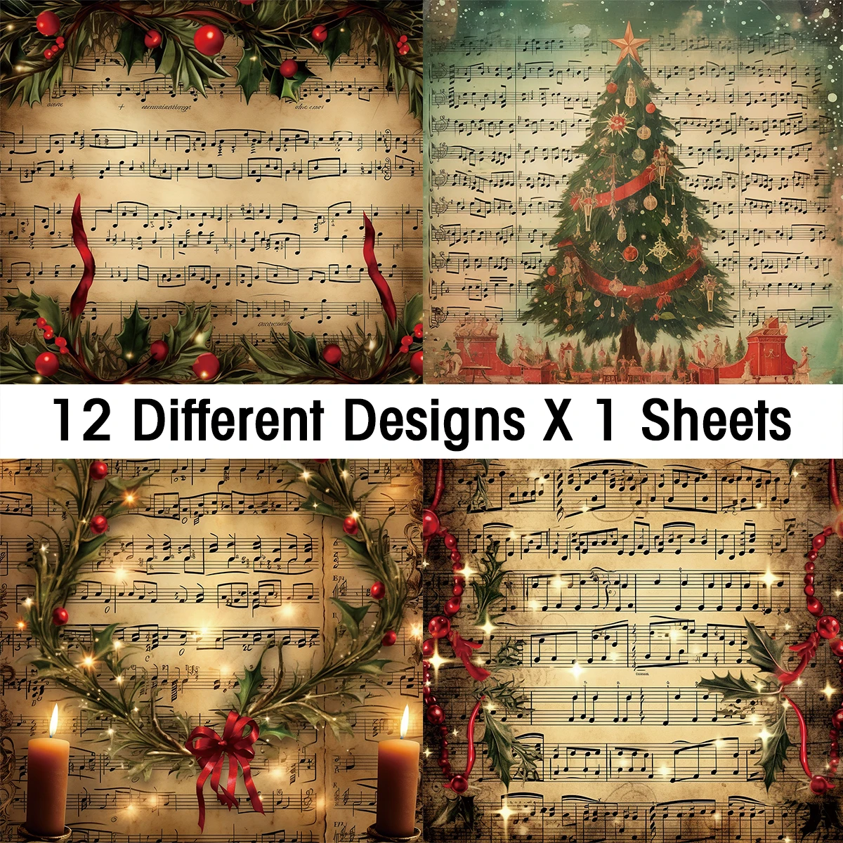 Vintage Christmas Sheet Music Scrapbook Paper Set,12sheets Xmas Decorative Decoupage Paper for DIY Crafts,Gift Wrap,Scrapbooking