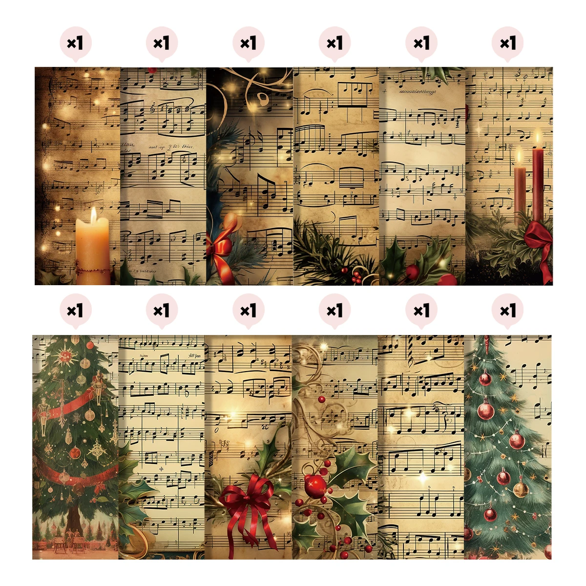 Vintage Christmas Sheet Music Scrapbook Paper Set,12sheets Xmas Decorative Decoupage Paper for DIY Crafts,Gift Wrap,Scrapbooking