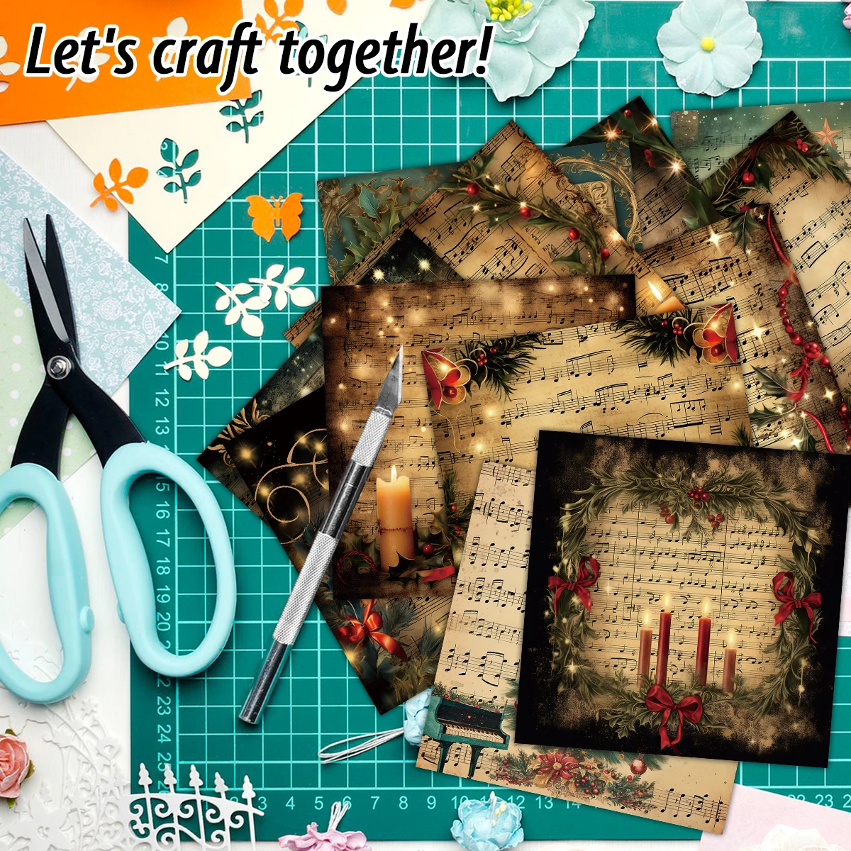 Vintage Christmas Sheet Music Scrapbook Paper Set,12sheets Xmas Decorative Decoupage Paper for DIY Crafts,Gift Wrap,Scrapbooking