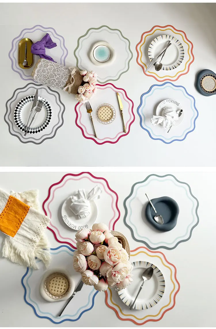 1/4/6pcs Faux Leather Placemats Printed Flower Shape Insulated Table Mat for Kitchen Dining Table Striped Christmas Plate Mat