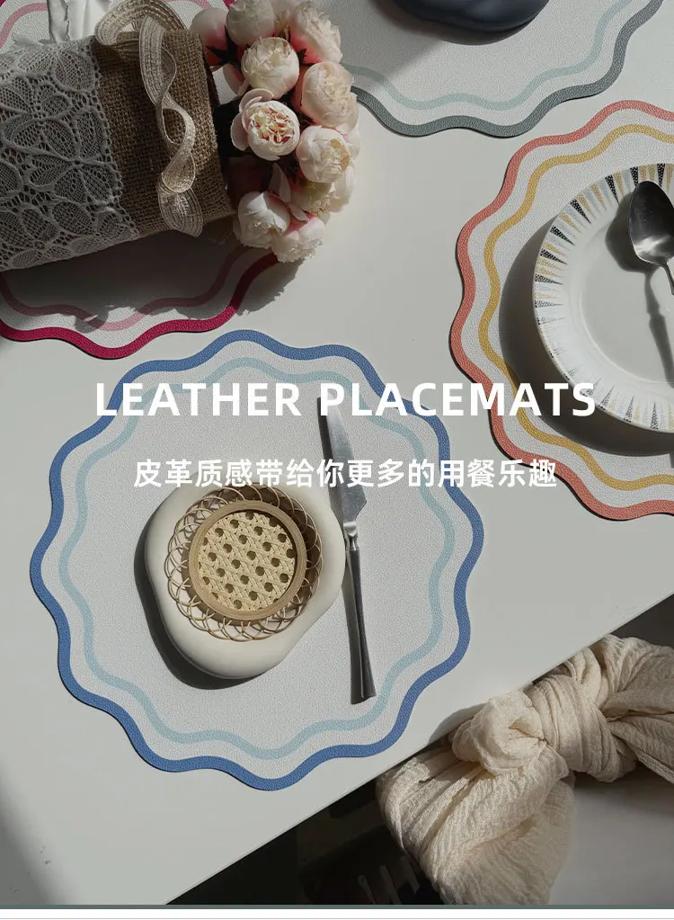 1/4/6pcs Faux Leather Placemats Printed Flower Shape Insulated Table Mat for Kitchen Dining Table Striped Christmas Plate Mat