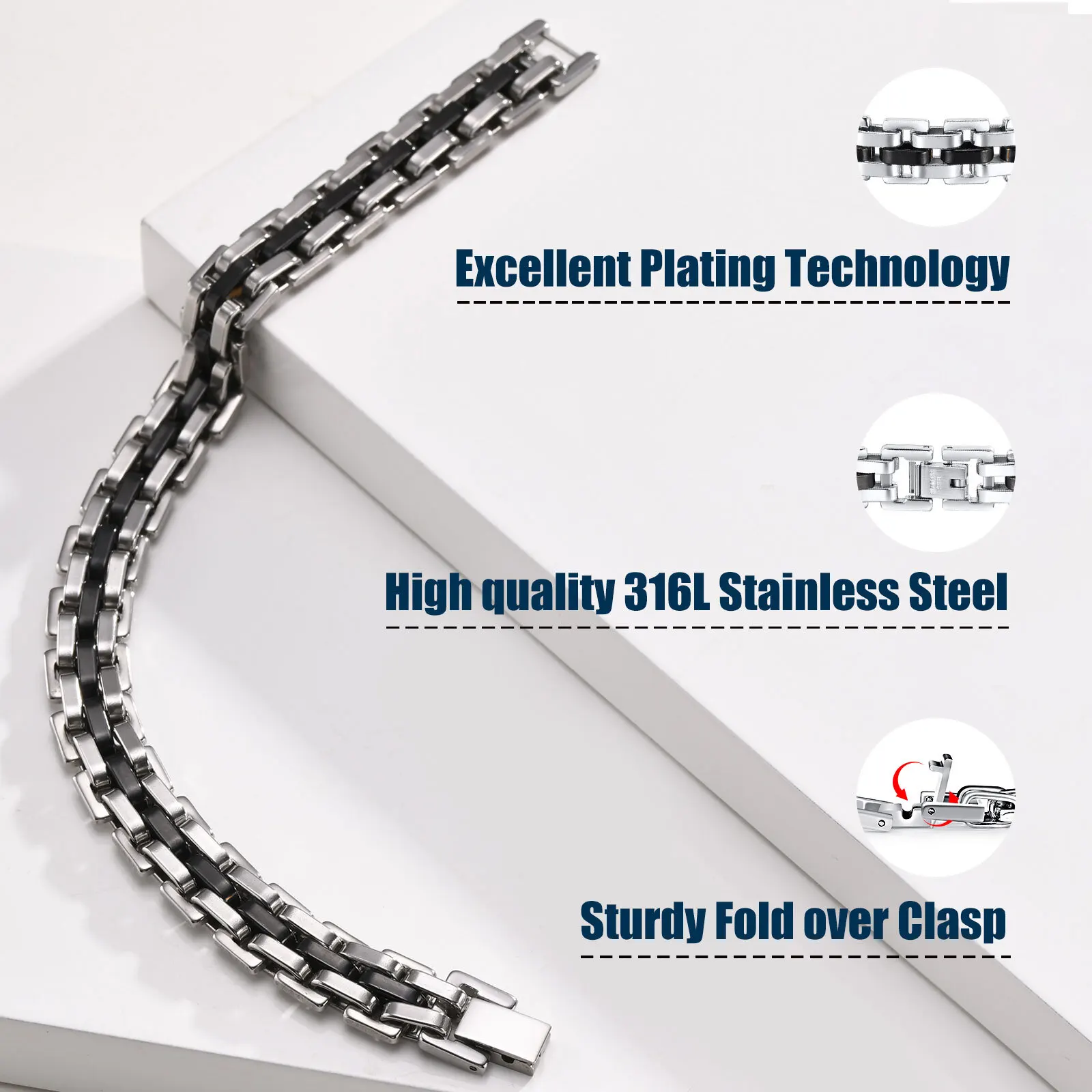 Stylish Strap Chain Boys Men Bracelets Stainless Steel Links Wristband, Father's Day Dad for Birthday Christmas Gift Jewelry