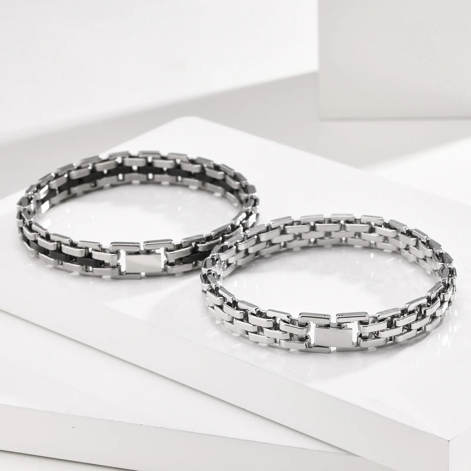 Stylish Strap Chain Boys Men Bracelets Stainless Steel Links Wristband, Father's Day Dad for Birthday Christmas Gift Jewelry