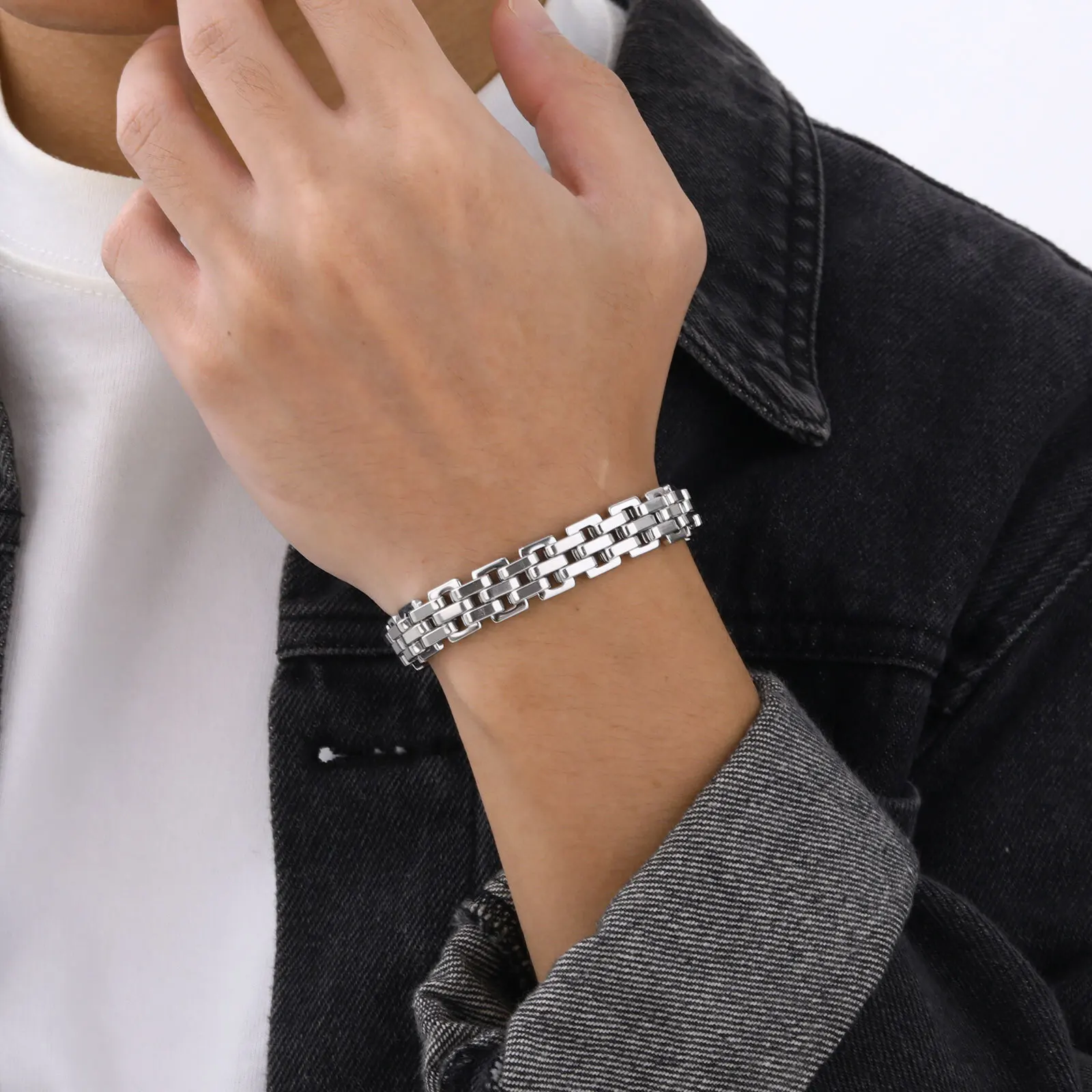 Stylish Strap Chain Boys Men Bracelets Stainless Steel Links Wristband, Father's Day Dad for Birthday Christmas Gift Jewelry