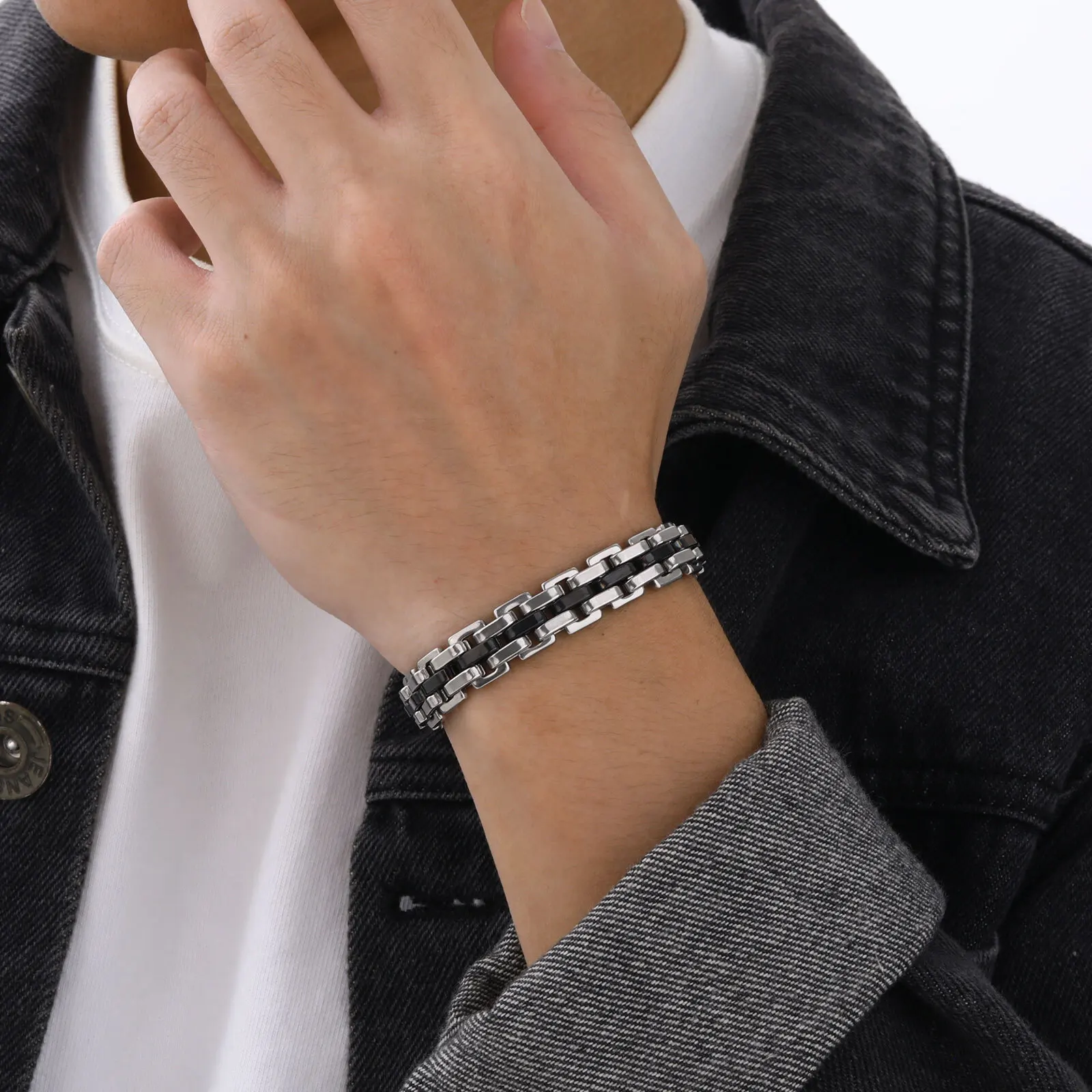 Stylish Strap Chain Boys Men Bracelets Stainless Steel Links Wristband, Father's Day Dad for Birthday Christmas Gift Jewelry