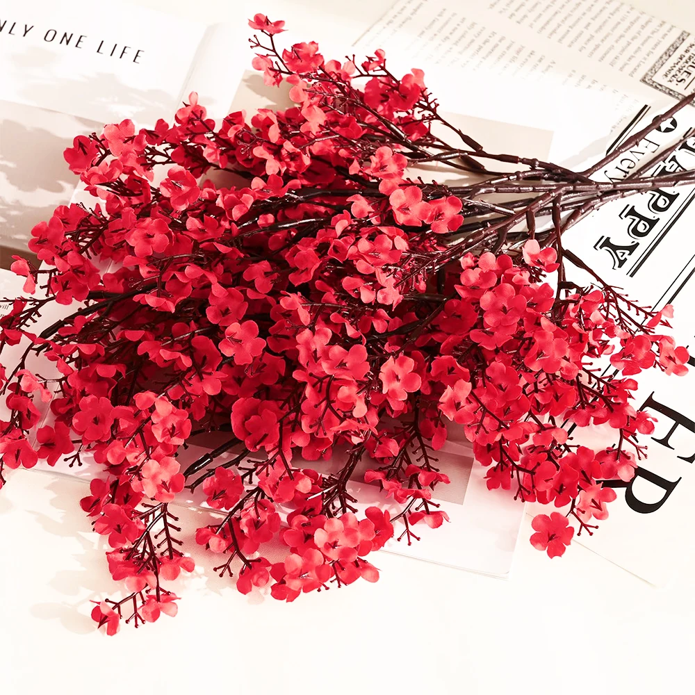 5Pcs Red Babys Breath Artificial Flowers Fake Gypsophila Bouquets for Home Wedding Table New Year Party Christmas Decorations