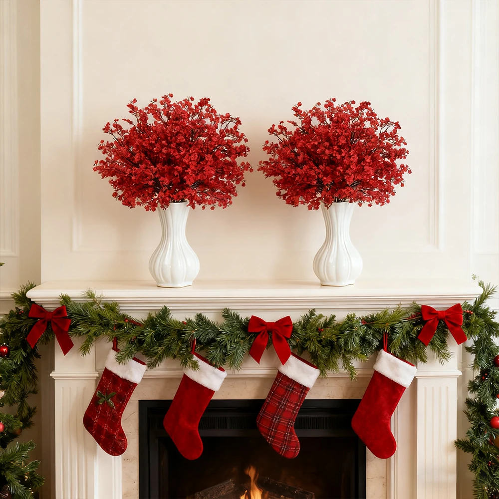 5Pcs Red Babys Breath Artificial Flowers Fake Gypsophila Bouquets for Home Wedding Table New Year Party Christmas Decorations