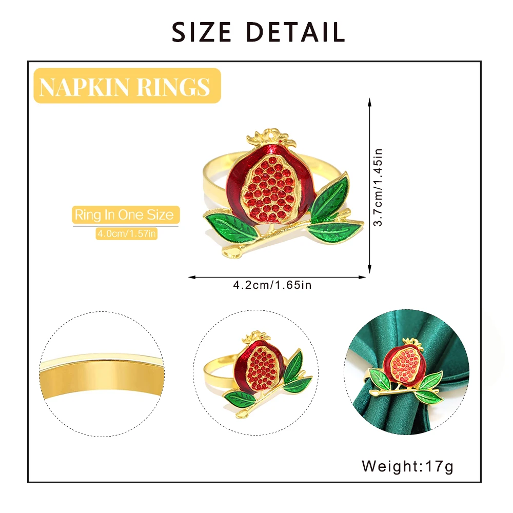 Red Pomegranate Napkin Rings Set of 4/6/8, Lucky Fruits Table Decor Metal Napkin Holder for Christmas Gift Wedding Party Decor