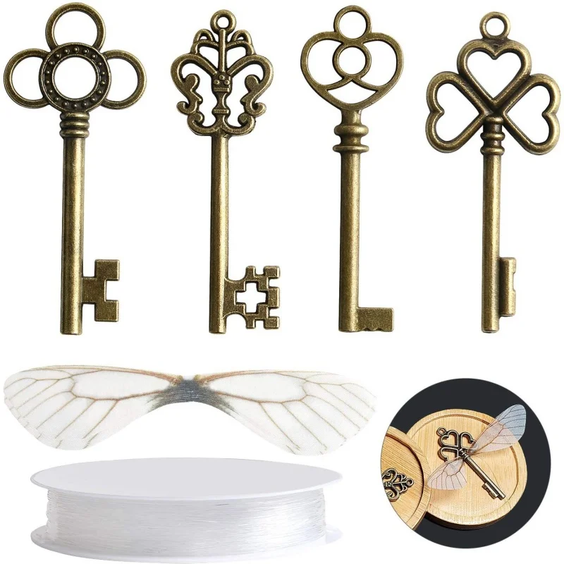 Vintage Skeleton Key with Dragonfly Wings Flying Key Pendant DIY Realistic Effect for Christmas Tree Wedding Party Decorations