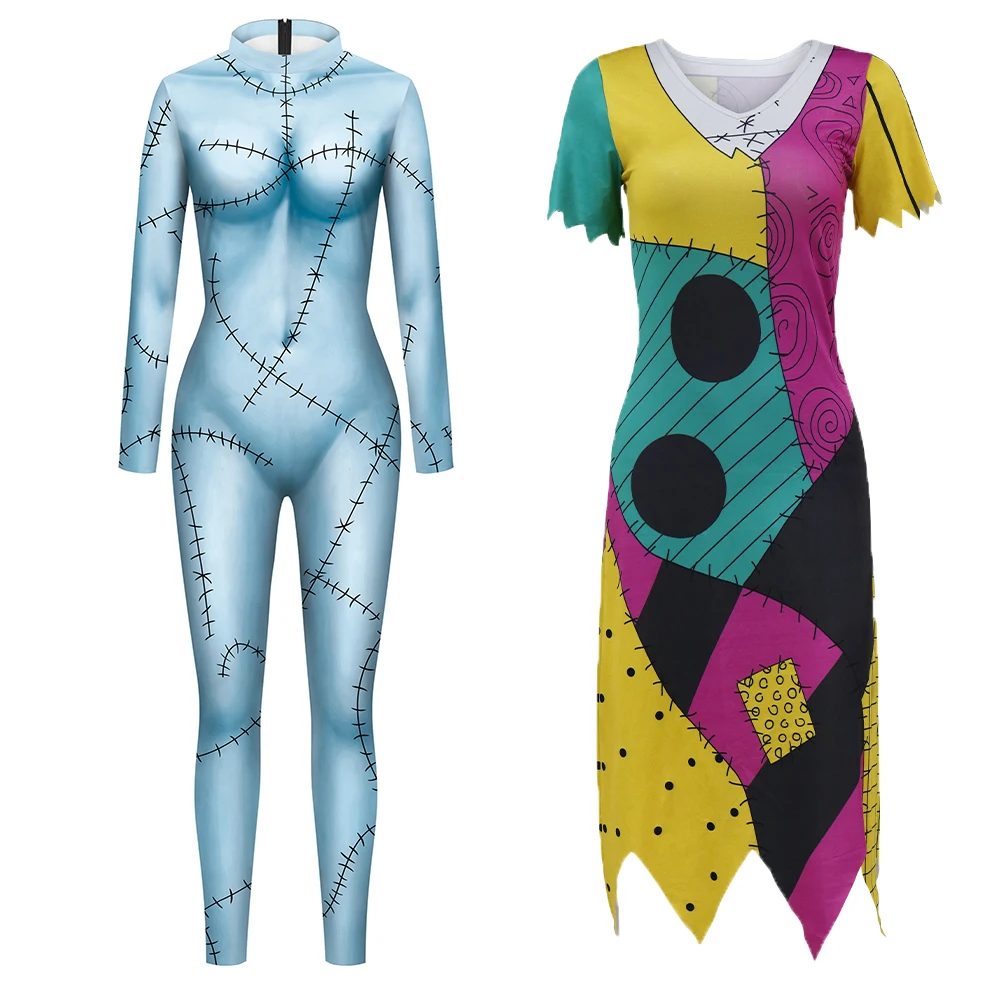 Cosplay Movie Nightmare Christmas Sally Dress Leggings Set Zentai Bodysuits Women Scary Sally Disguise Halloween Party Costume