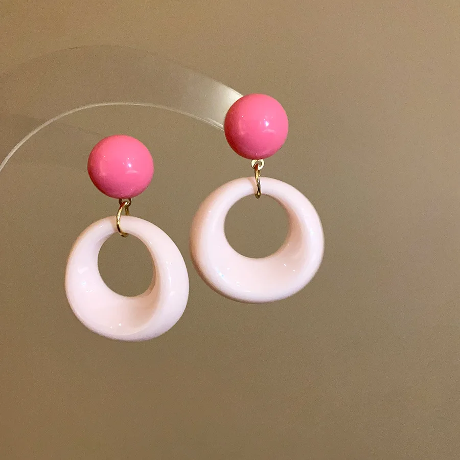 Acrylic Big Circle Round Drop Earrings for Women Irregular Pink Geometric Hollow Jewelry Christmas Girl Friend Gift