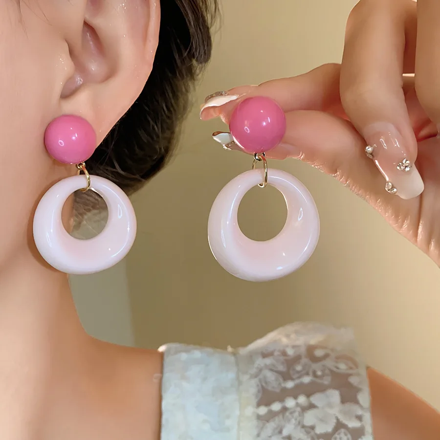 Acrylic Big Circle Round Drop Earrings for Women Irregular Pink Geometric Hollow Jewelry Christmas Girl Friend Gift