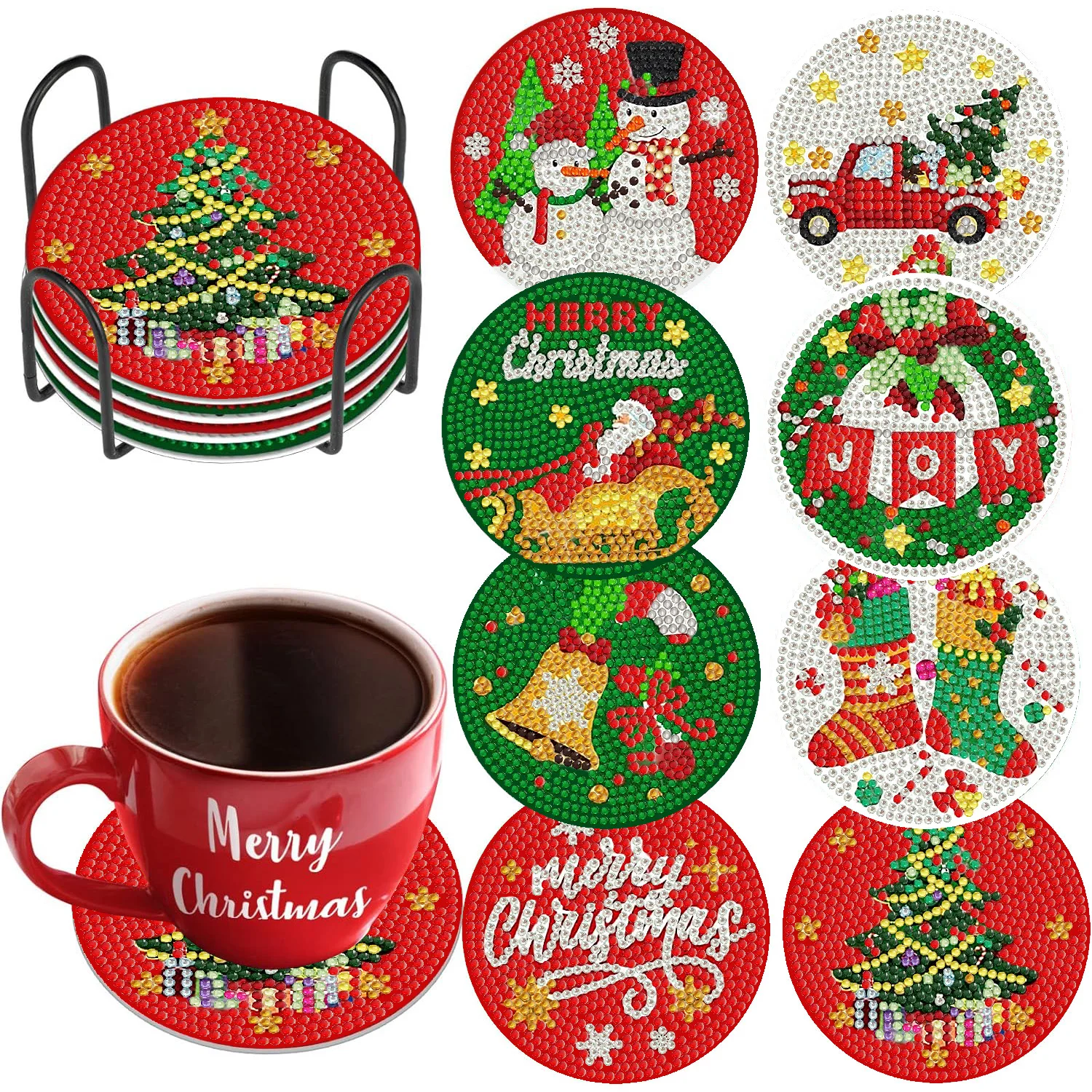A Set of 8PCS Christmas Element Combination Pattern Diamond Painting DIY Coaster Set with Holder - Suitable for Both Adults and