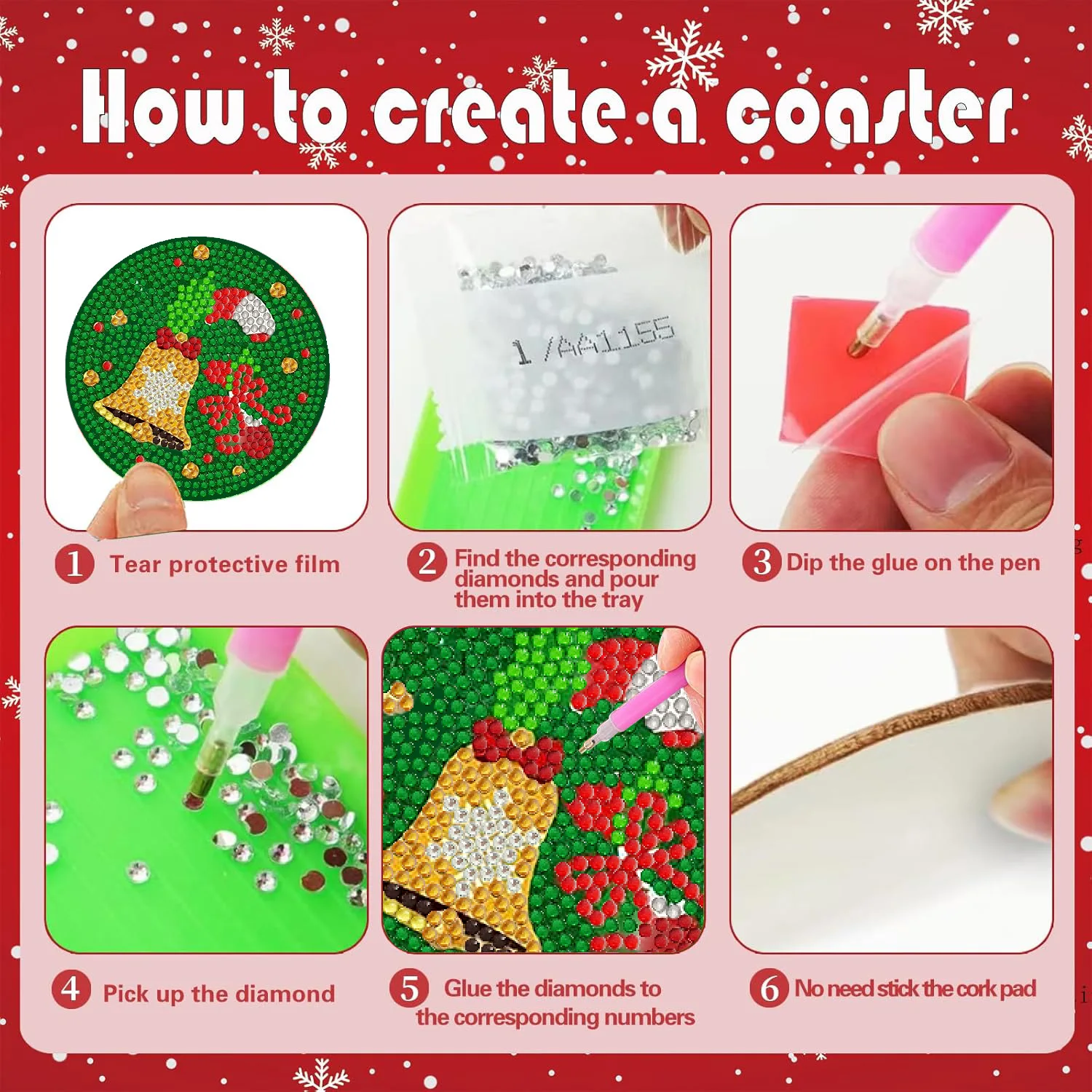 A Set of 8PCS Christmas Element Combination Pattern Diamond Painting DIY Coaster Set with Holder - Suitable for Both Adults and