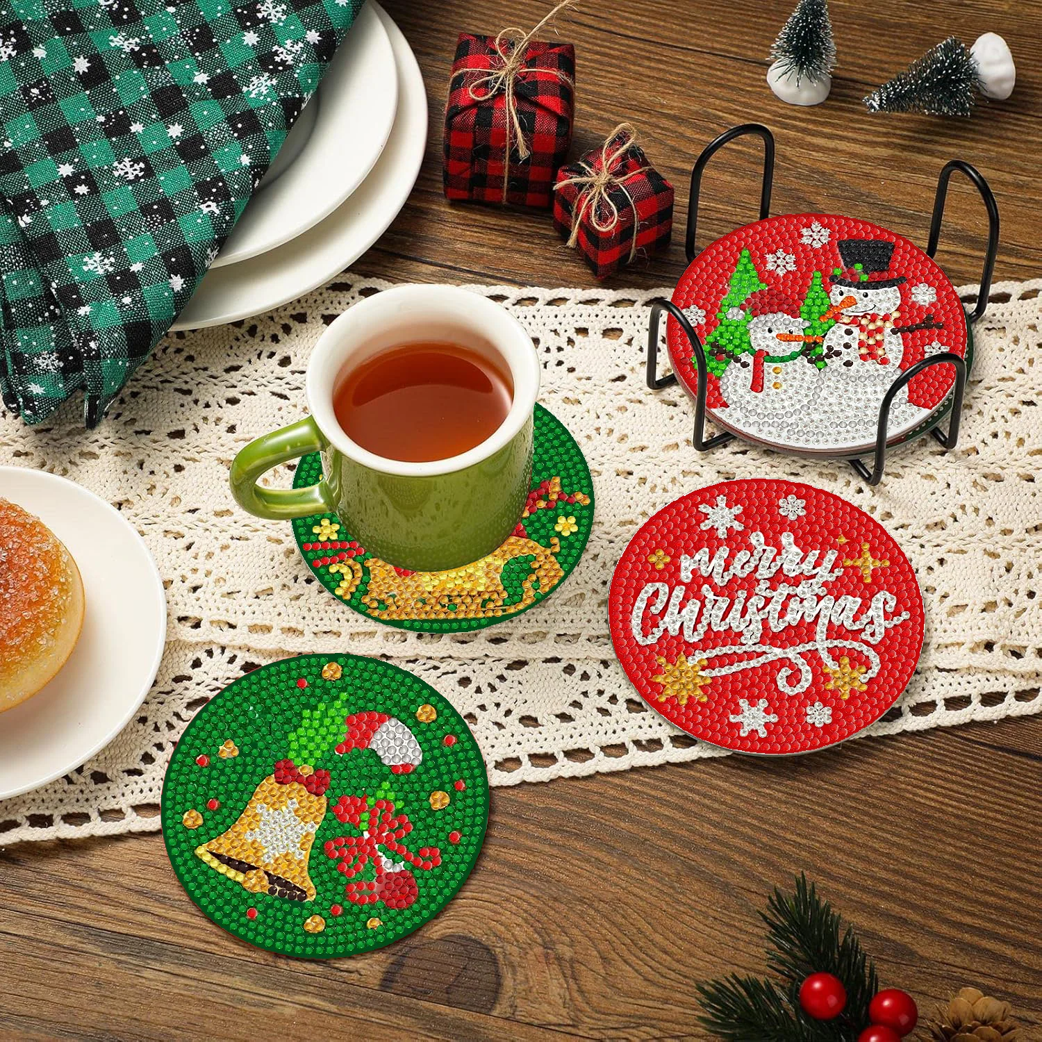 A Set of 8PCS Christmas Element Combination Pattern Diamond Painting DIY Coaster Set with Holder - Suitable for Both Adults and