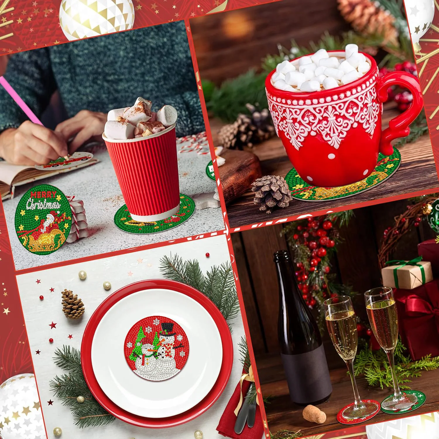 A Set of 8PCS Christmas Element Combination Pattern Diamond Painting DIY Coaster Set with Holder - Suitable for Both Adults and