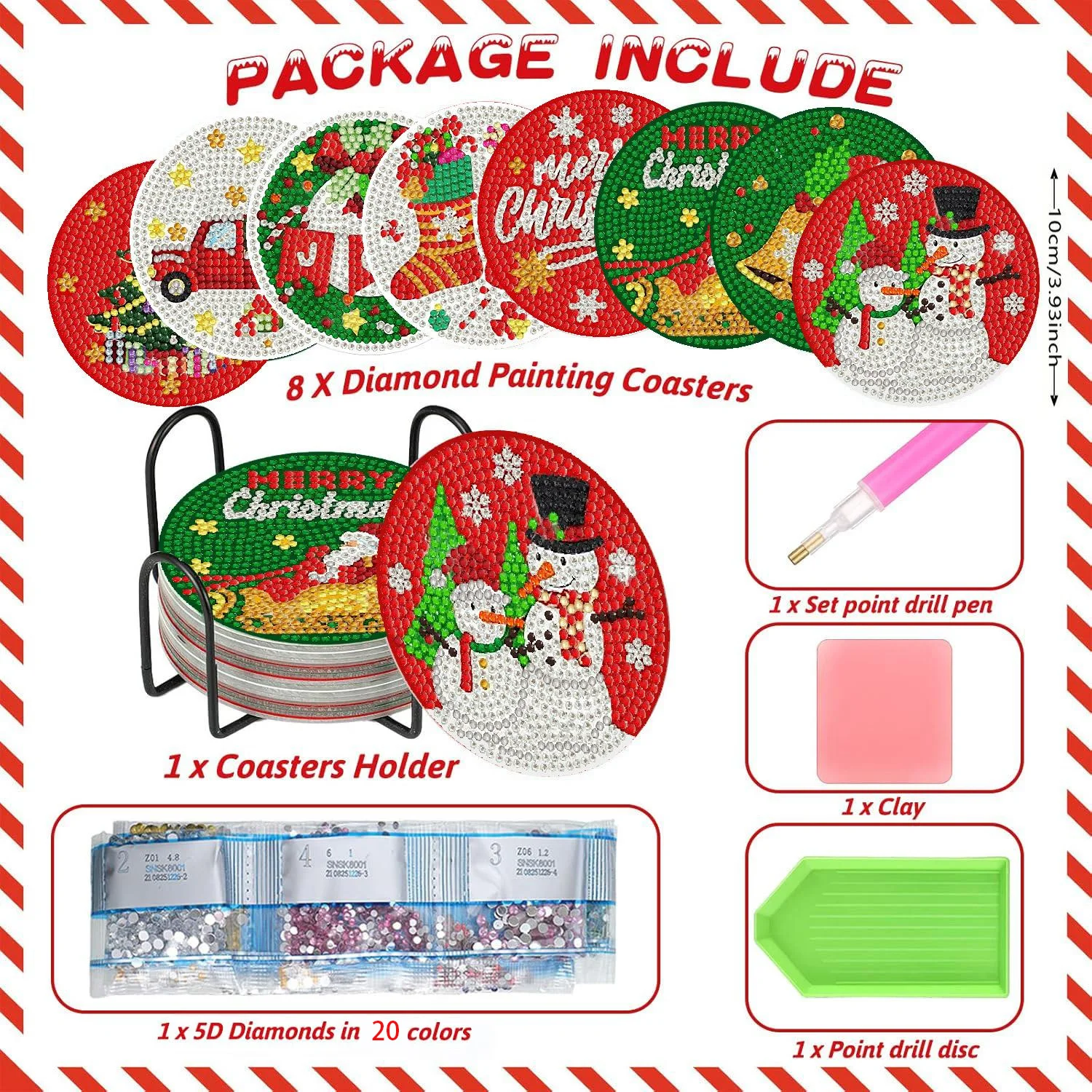 A Set of 8PCS Christmas Element Combination Pattern Diamond Painting DIY Coaster Set with Holder - Suitable for Both Adults and