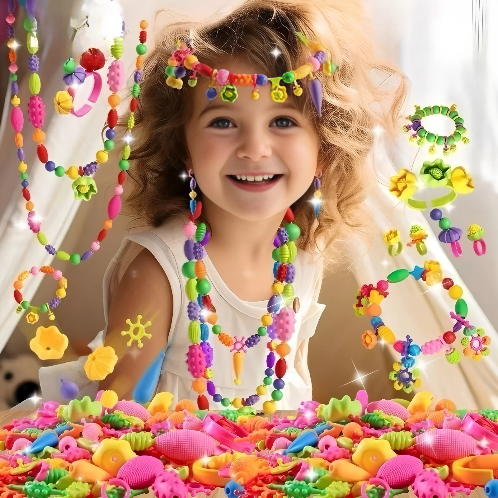 Children's DIY Bead Girl Jewelry Accessory Making Kit, Creative Necklace, Bracelet and Ring DIY Ideal Christmas and Birthday Gif