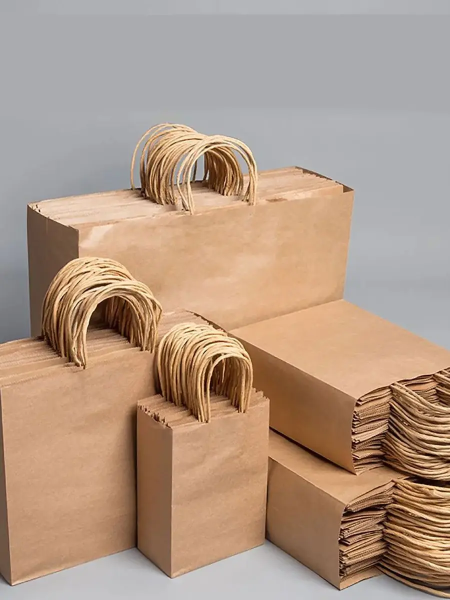 10pcs/lot Kraft Paper Bag with Handles Gift Packing Bags for Store Clothes Wedding Christmas Supplies Handbags Kit