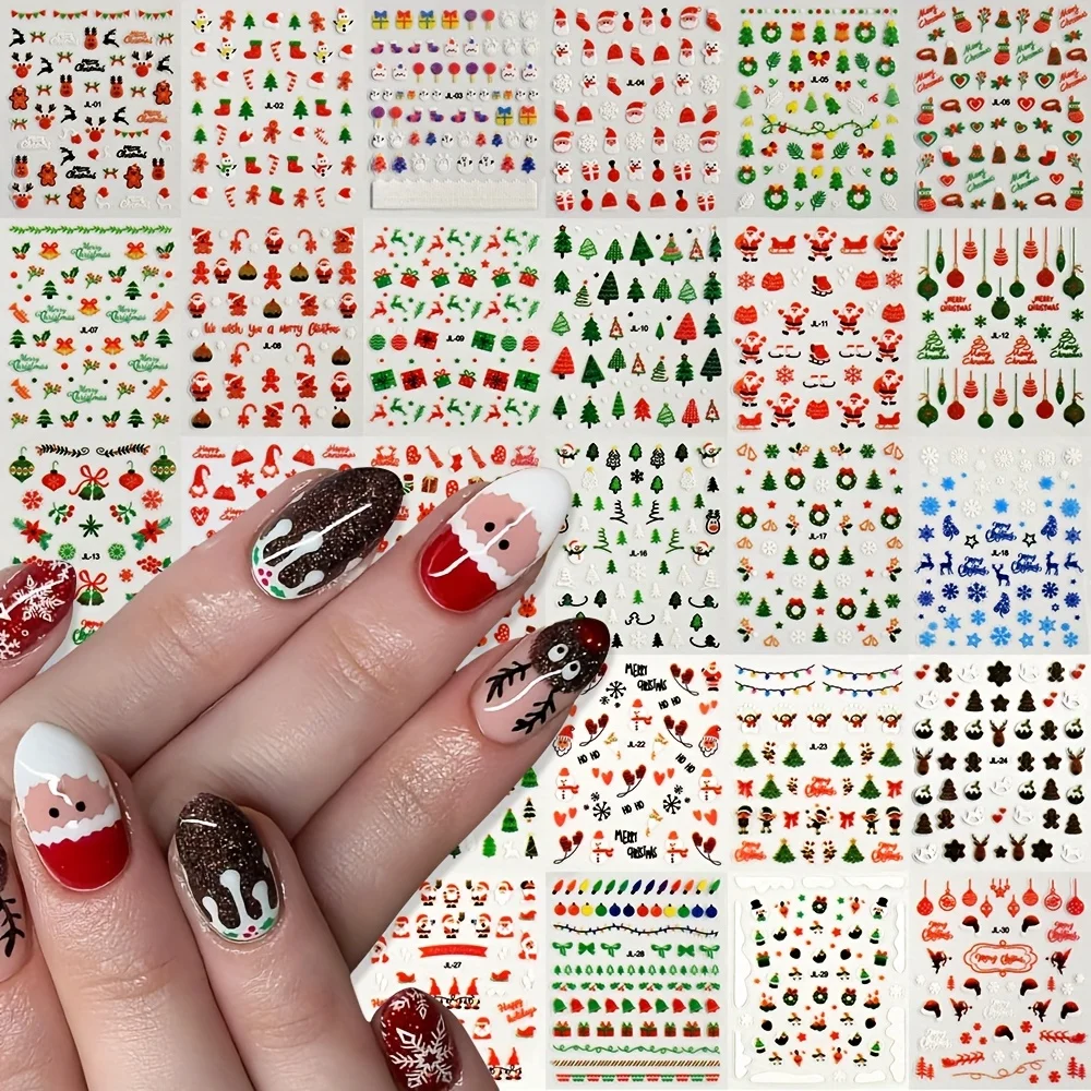 30pcs Festive Christmas Nail Art Stickers Set Self-Adhesive,Disposable Decals Reindeer Xmas Tree Designs Cute Semi-Matte Finish