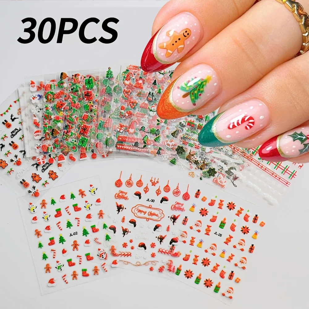 30pcs Festive Christmas Nail Art Stickers Set Self-Adhesive,Disposable Decals Reindeer Xmas Tree Designs Cute Semi-Matte Finish