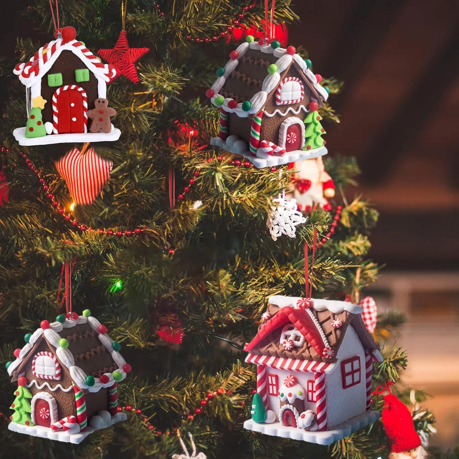 5pcs House Ornaments Holiday Christmas Tree Ornament Set Gingerbread Christmas Decor with Rope Gingerbread House Decor