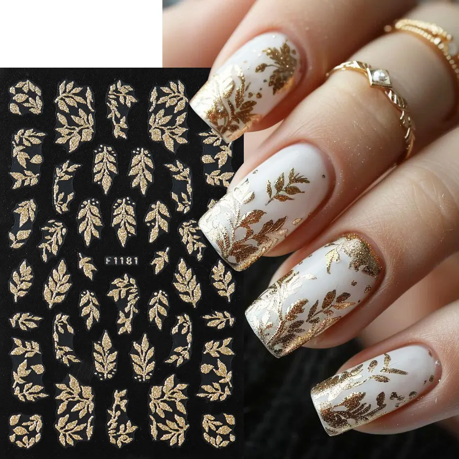 2PCS Golden Glitter Leaf Nail Art Stickers Shinny Christmas Trees Snowflake Sliders Japanese Winter Y2K Leaves Manicure Decor