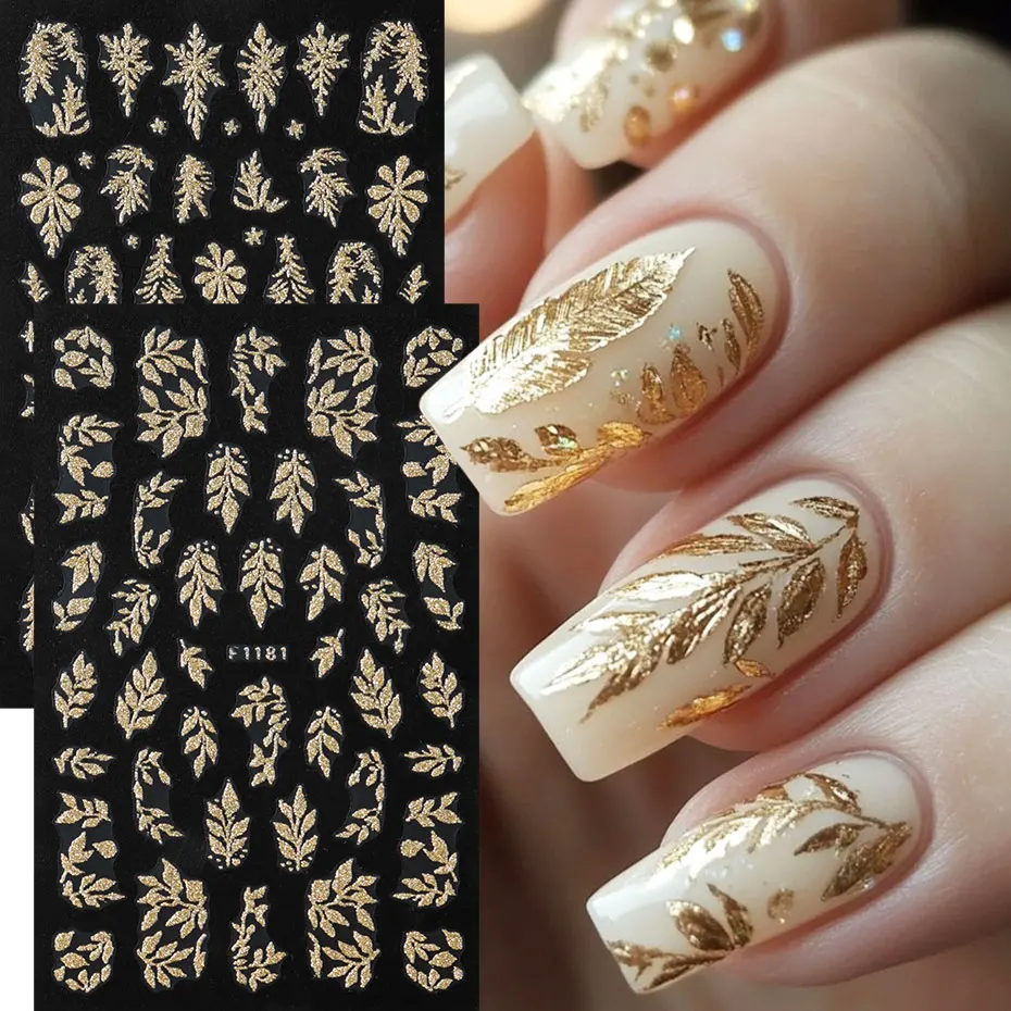 2PCS Golden Glitter Leaf Nail Art Stickers Shinny Christmas Trees Snowflake Sliders Japanese Winter Y2K Leaves Manicure Decor