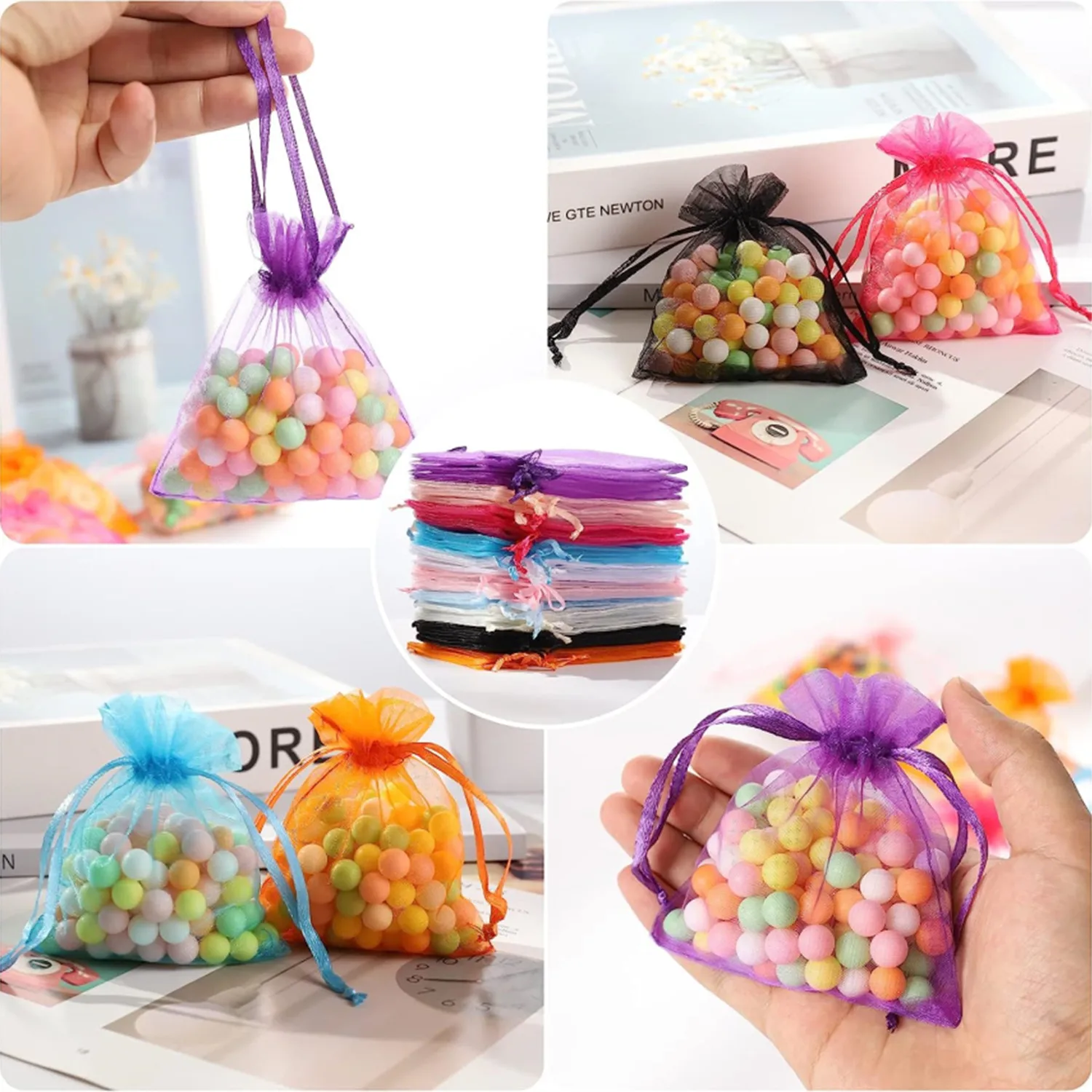 100PCS Organza Bags Mesh Organza Jewelry Bags Drawstring, Small Drawstring Favor Pouches Christmas Candy Wedding Birthday