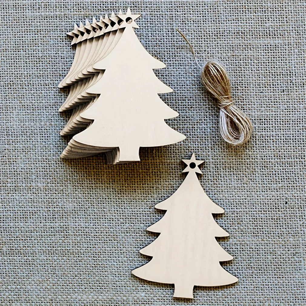 10Pcs Christmas Tree Shape Wooden Crafts Hanging Ornaments Unfinished Christmas Tree Pendant Decoration Wood Slices for Crafts
