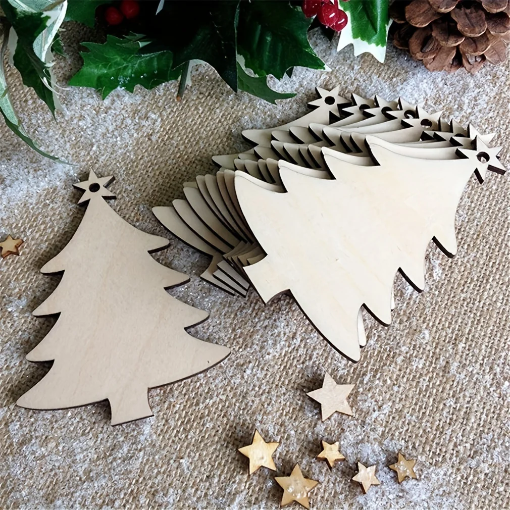 10Pcs Christmas Tree Shape Wooden Crafts Hanging Ornaments Unfinished Christmas Tree Pendant Decoration Wood Slices for Crafts