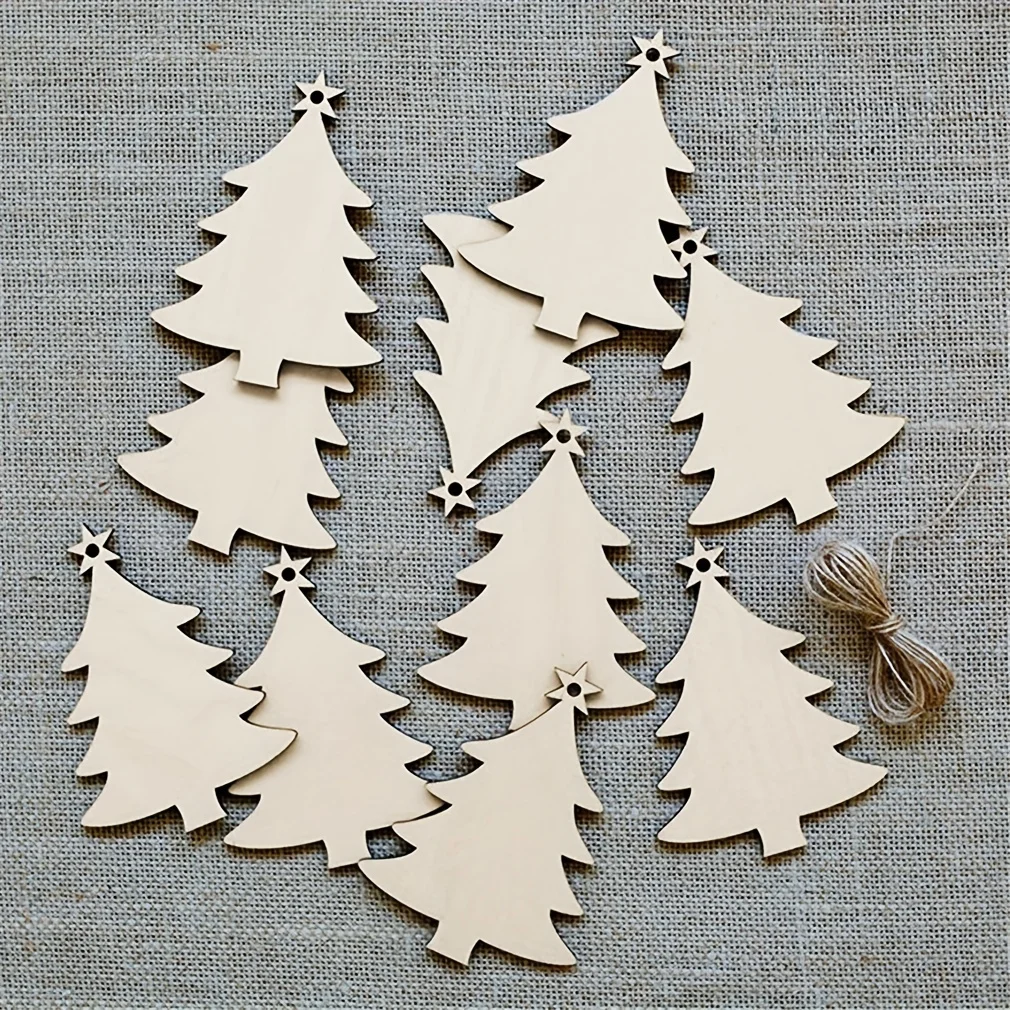 10Pcs Christmas Tree Shape Wooden Crafts Hanging Ornaments Unfinished Christmas Tree Pendant Decoration Wood Slices for Crafts