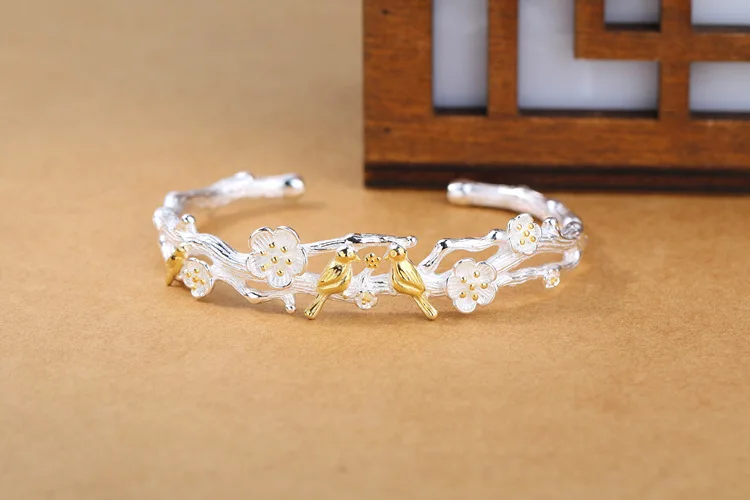 New Arrival Temperament Creative Fashion 925 Sterling Silver Jewelry Bracelets Cute Bird Plum Blossom Christmas Bangles SL044