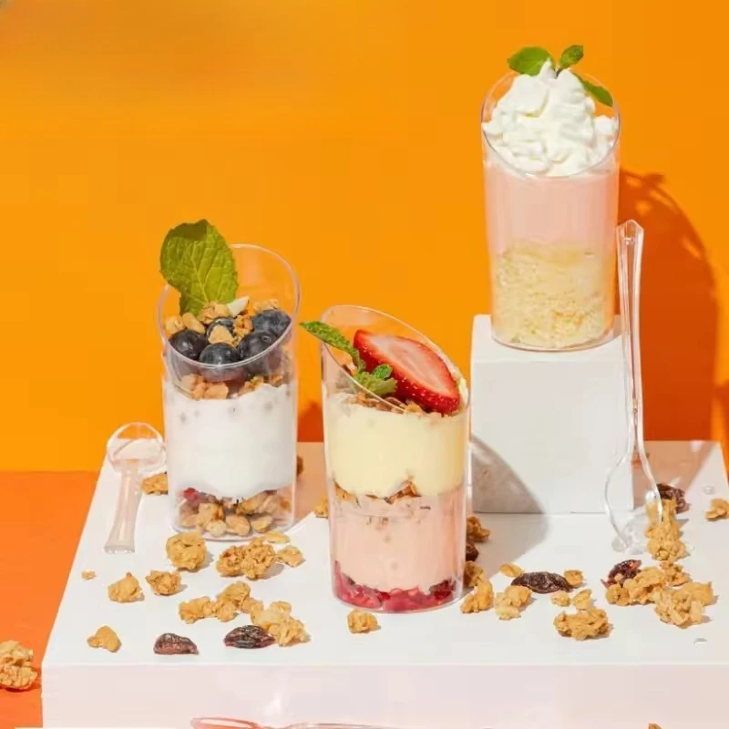 10/20PCS Disposable Slanted Cups Plastic Dessert Cups Ice-Cream Mousse Jelly Dessert Cups with Spoon Christmas Birthday Party