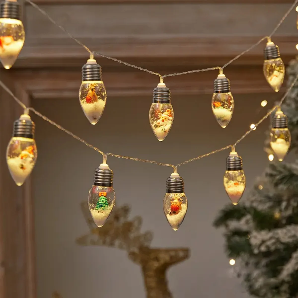 1pc 10/20LED Globe Bulbs String Light with Snow & Cute Ornaments Perfect For Home Patio Fireplace Christmas Xmas Tree Decoration