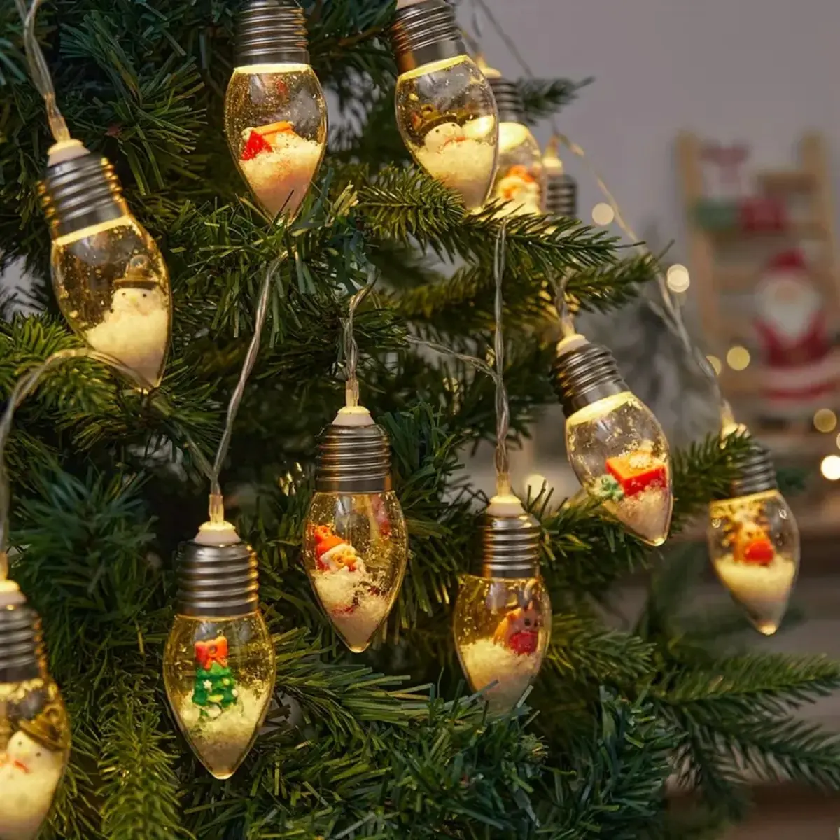 1pc 10/20LED Globe Bulbs String Light with Snow & Cute Ornaments Perfect For Home Patio Fireplace Christmas Xmas Tree Decoration