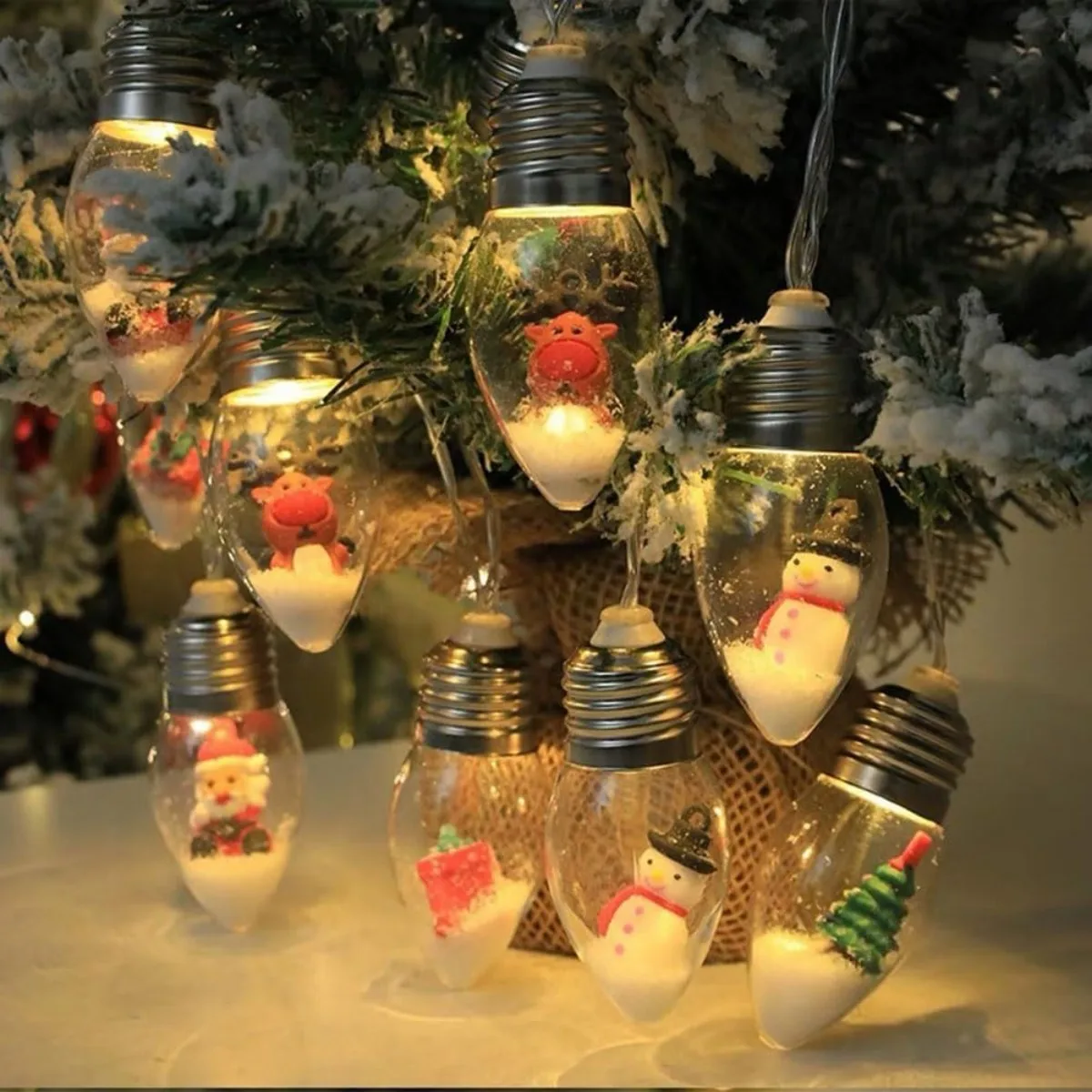 1pc 10/20LED Globe Bulbs String Light with Snow & Cute Ornaments Perfect For Home Patio Fireplace Christmas Xmas Tree Decoration