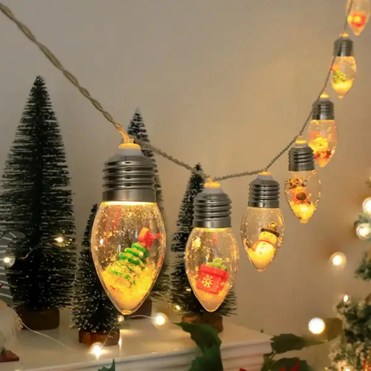 1pc 10/20LED Globe Bulbs String Light with Snow & Cute Ornaments Perfect For Home Patio Fireplace Christmas Xmas Tree Decoration