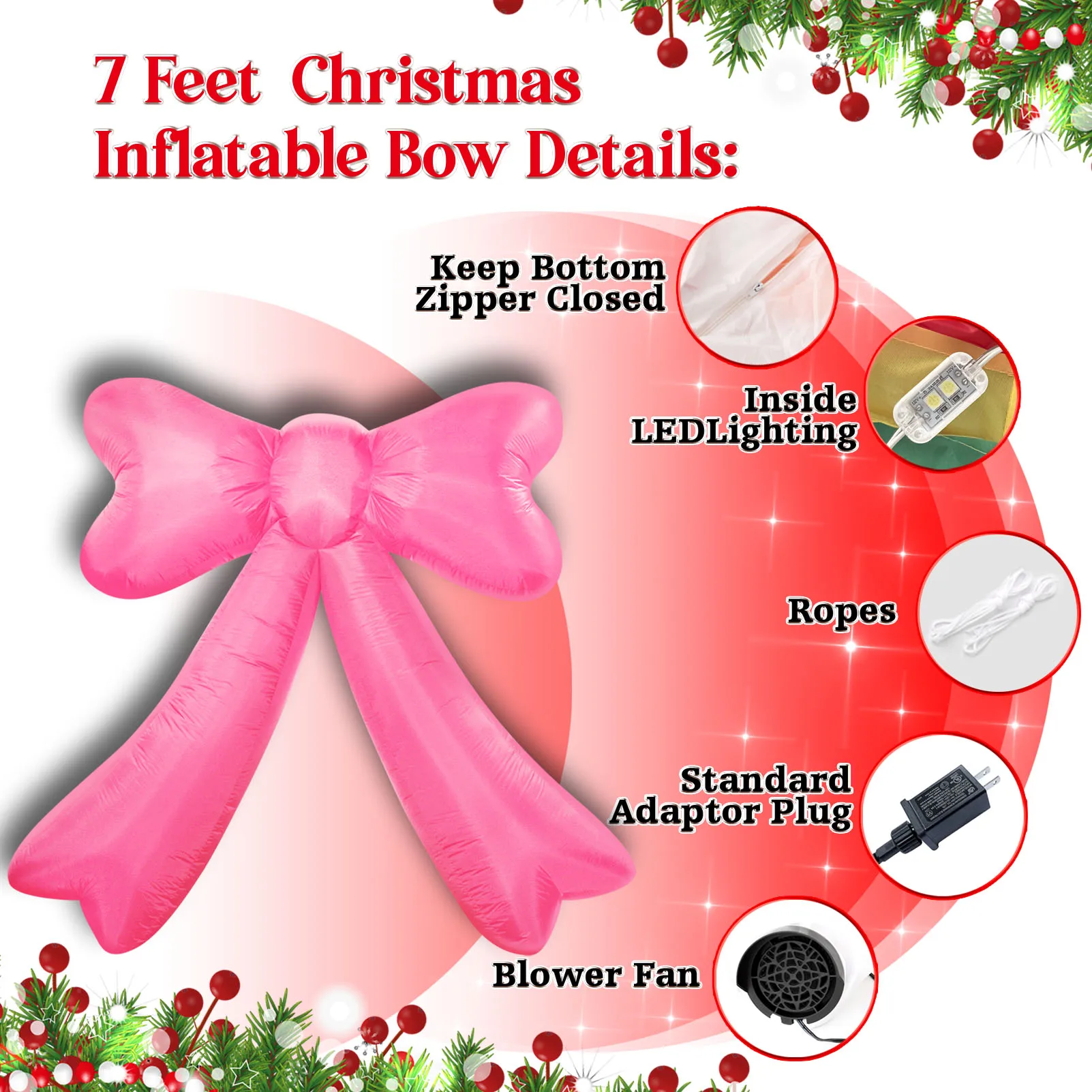 2.1m Christmas Cute Inflatable Bow LED Lighted Blow Up Outdoor Yard Lawn Decoration for Home Garden Winter Holiday Party Decor