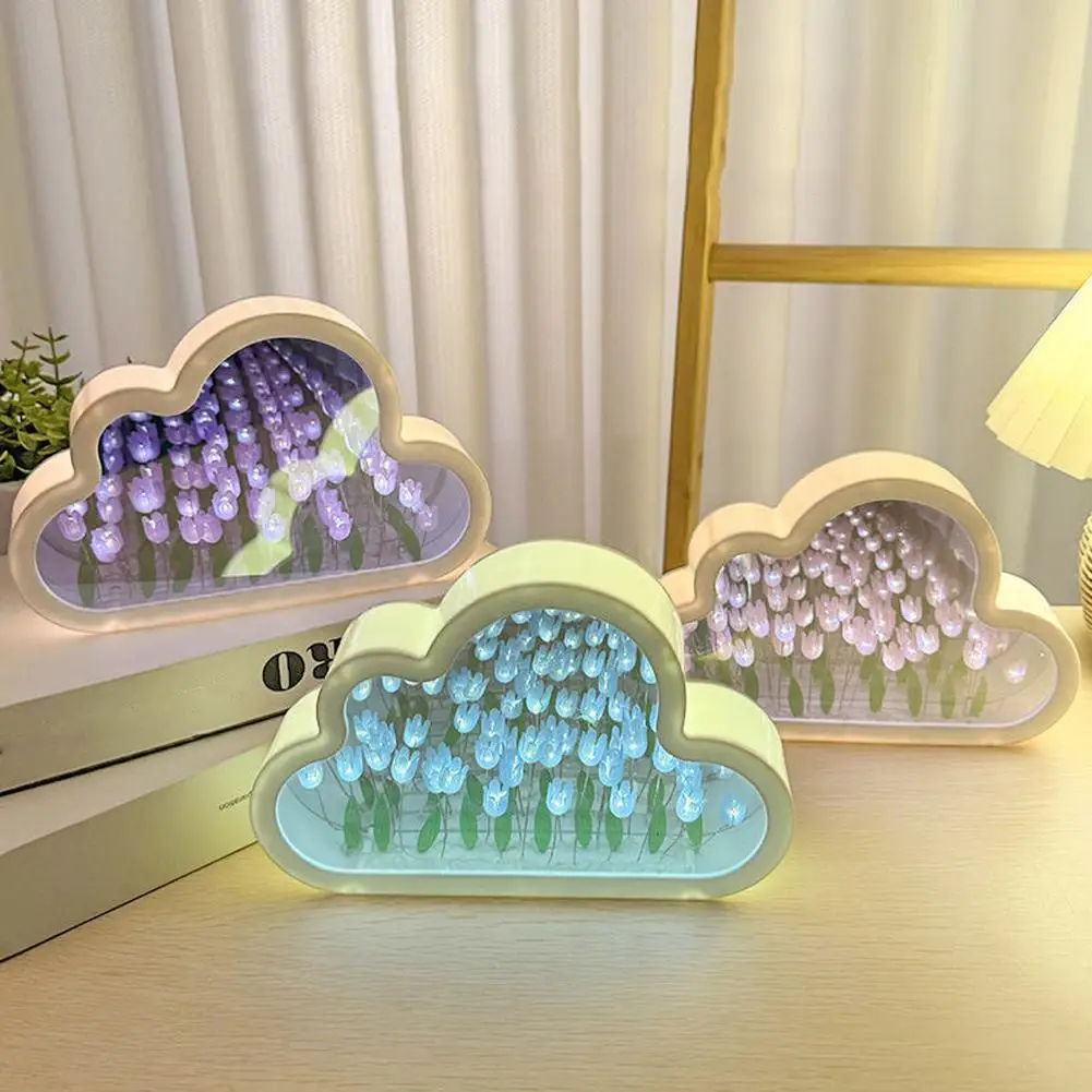 DIY Cloud Mirror Tulip Lamp Night Light Girl Bedroom Ornaments Photo Frame Handmade Glass Bedside Sleep Light Christmas Gifts 